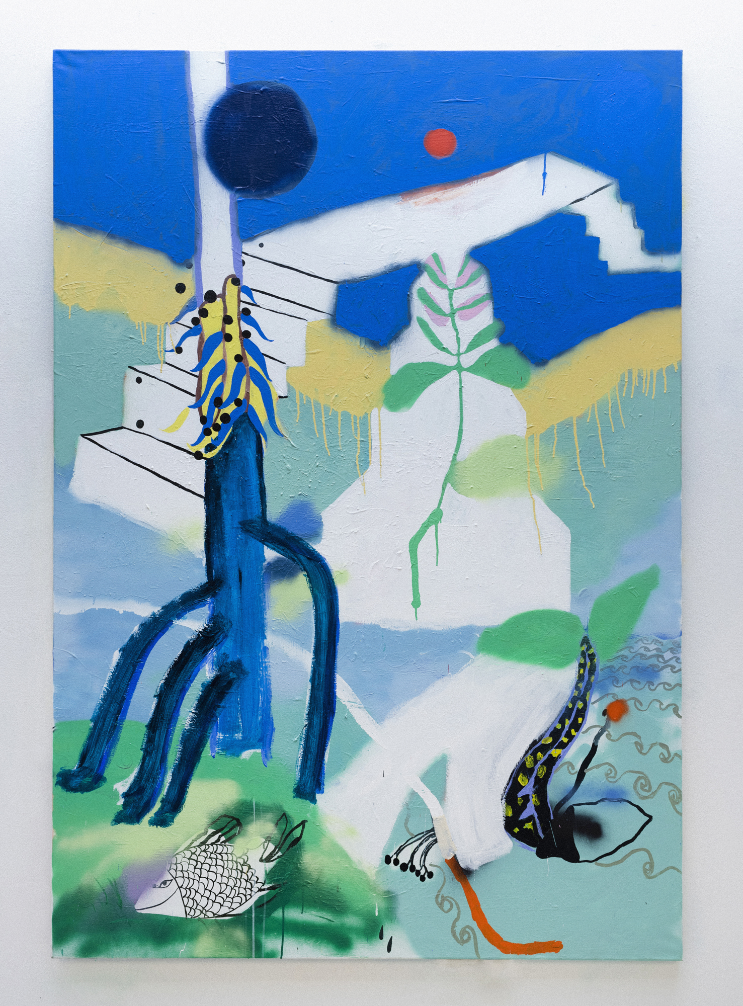 Across the bridge, 2021. Ink acrylic, spray paint on canvas, 130 x 200 cm